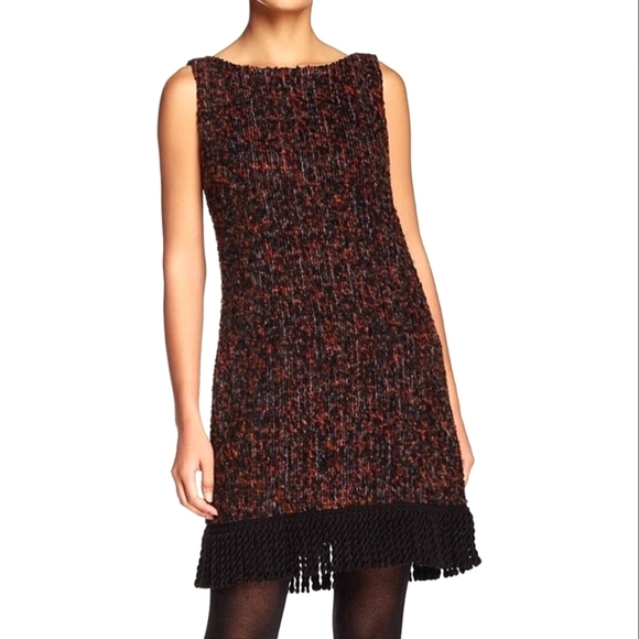 Anna Sui Tweed Dress Sleeveless Mini Dress Fringe Bottom Black Orange Sz 2 - Picture 1 of 10